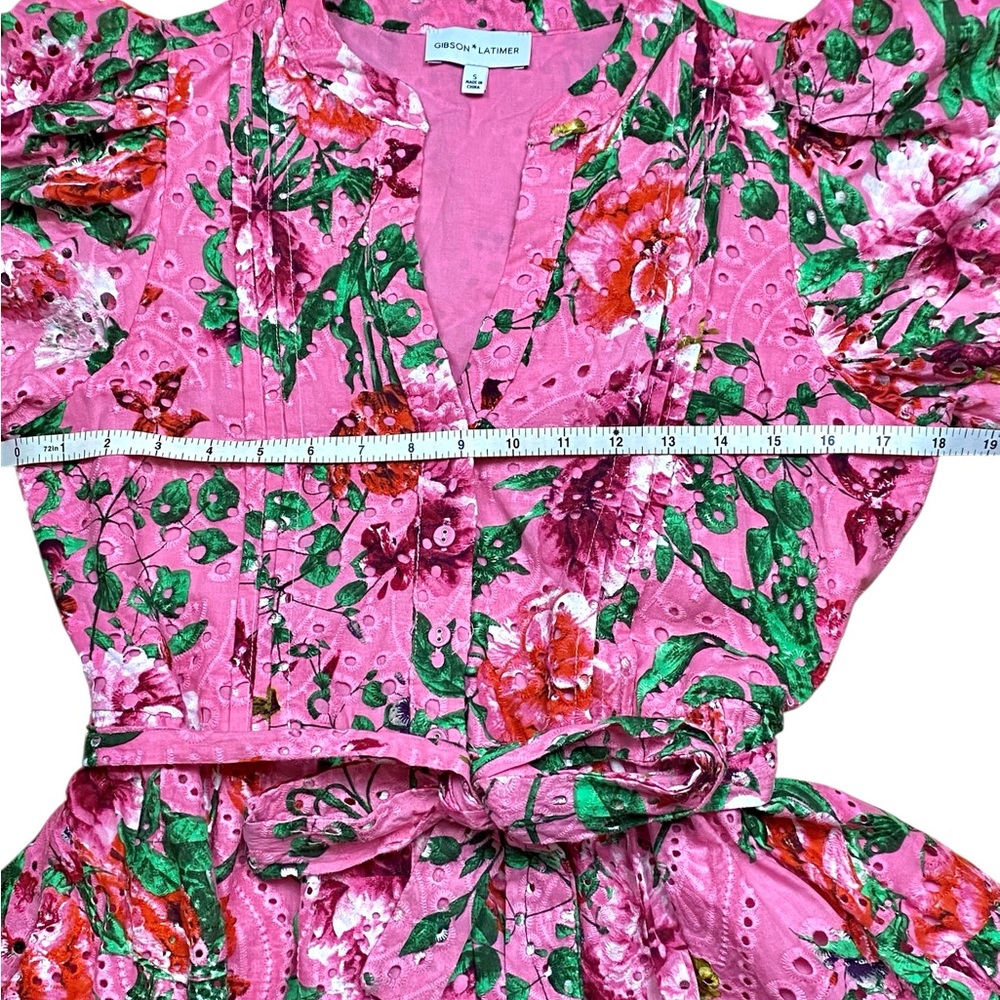 Gibson Latimer Pink Floral Eyelet Dress Small Cotton Puff Sleeve Tiered Midi - Picture 8 of 13